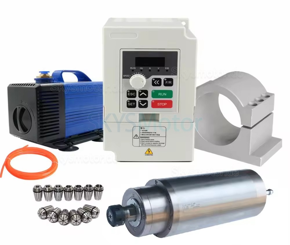 4,5kW 380V Wassergek&uuml;hlter Spindelmotor Satz JDG-125S.4.5 + H100-5.5S2/T4-1A mit Frequenzumrichter + Wasserpumpe + 13 ER25 Spannzangen + Halterung